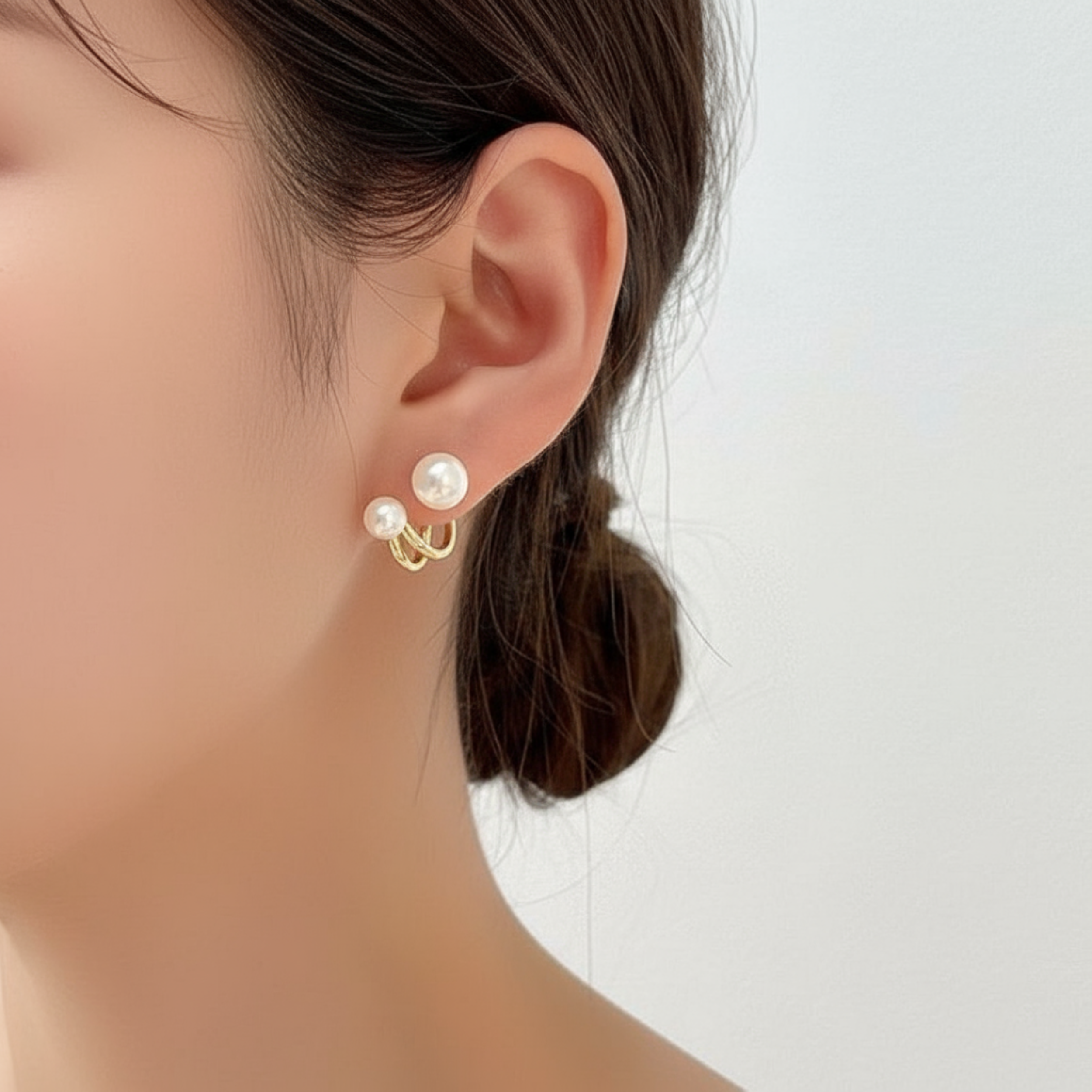 Dual Pearl Orbit Gold Stud Earrings