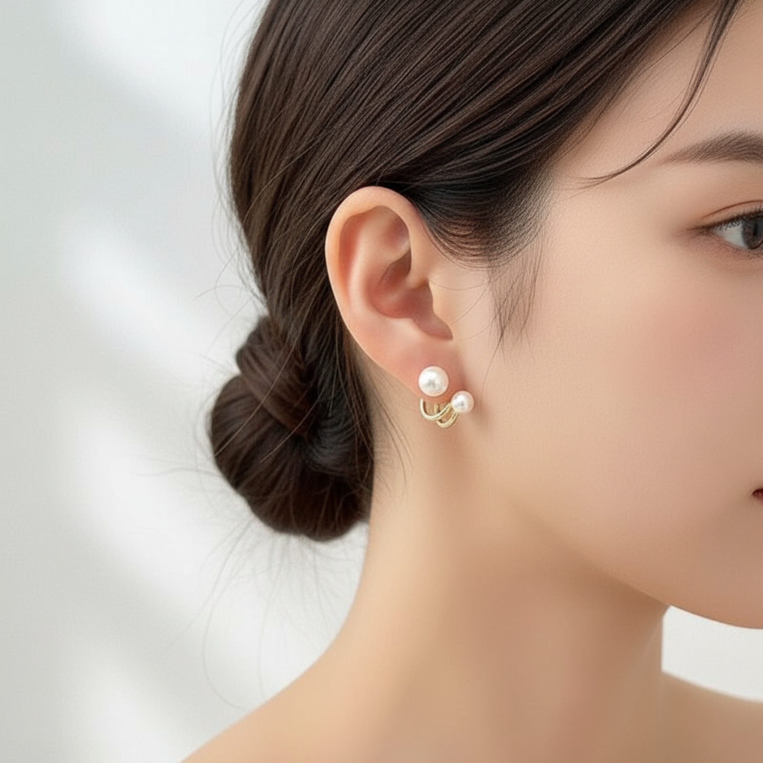 Dual Pearl Orbit Gold Stud Earrings