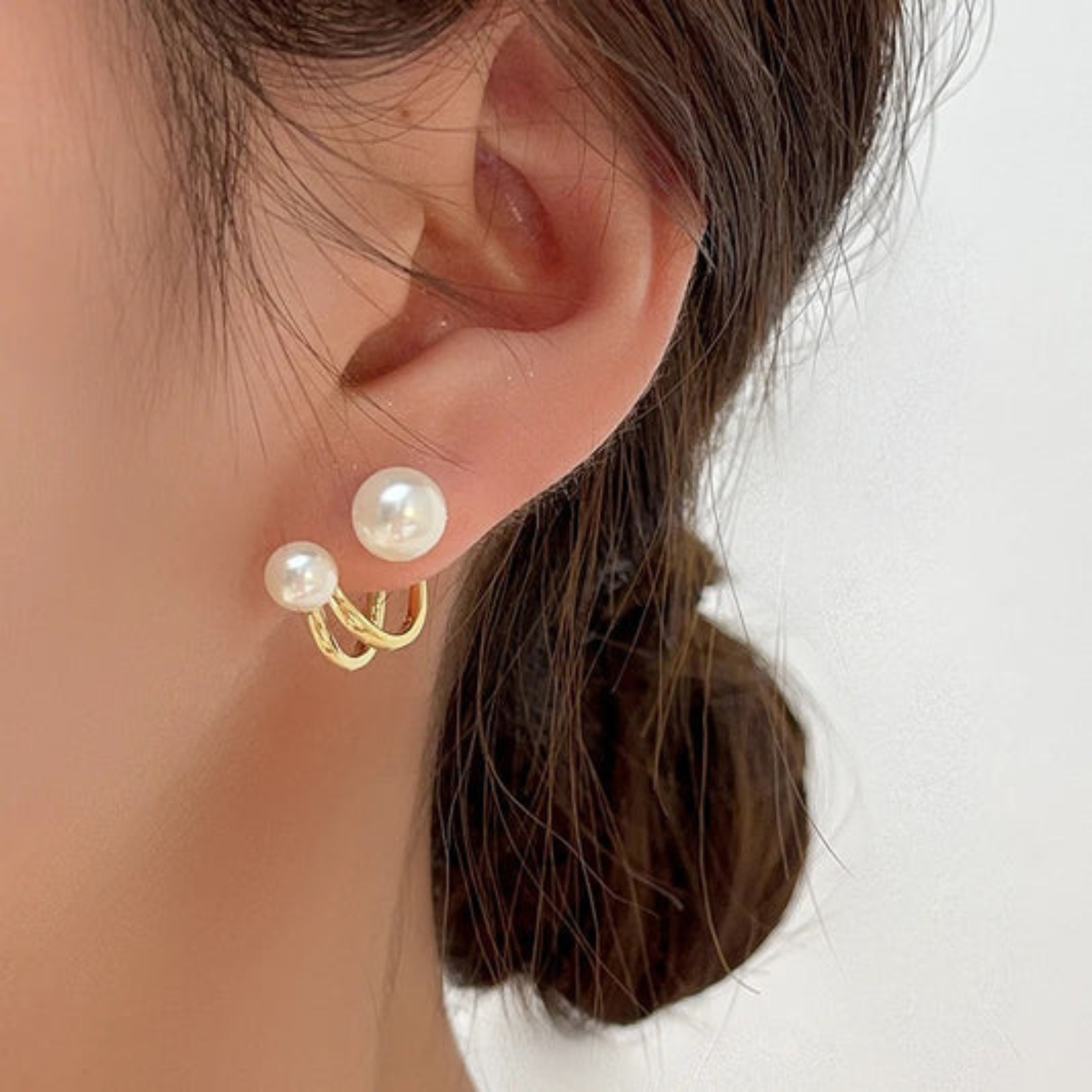 Dual Pearl Orbit Gold Stud Earrings