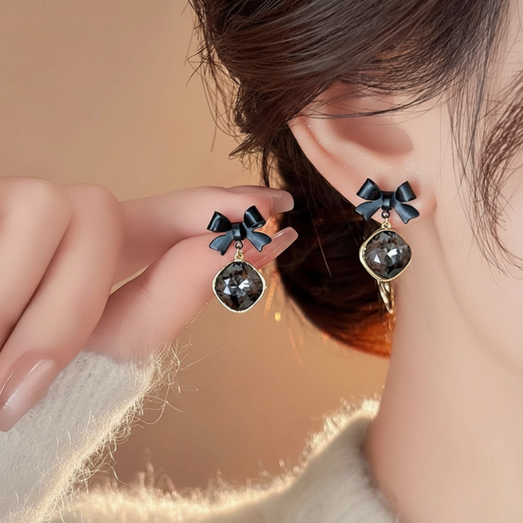 Midnight Bow Elegance Drop Earrings