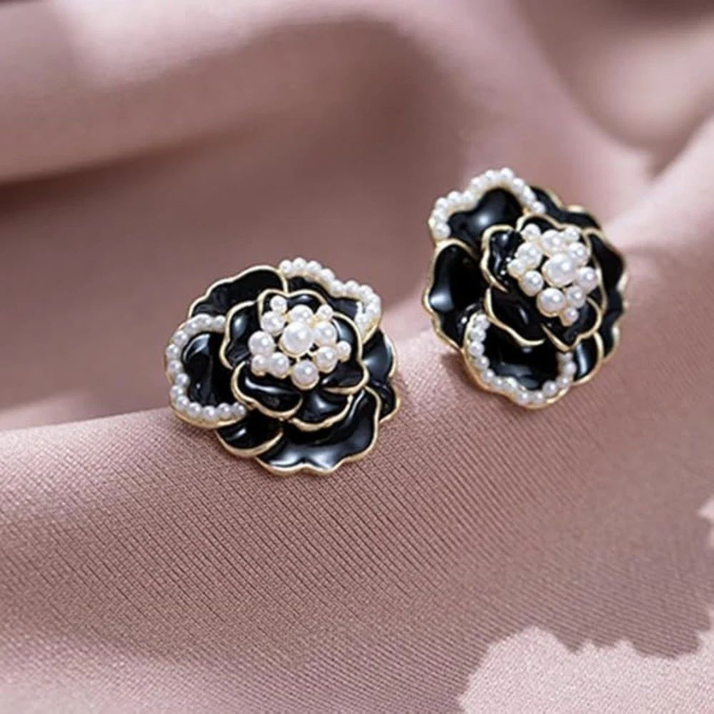 Midnight Pearl Bloom Black Floral Earrings