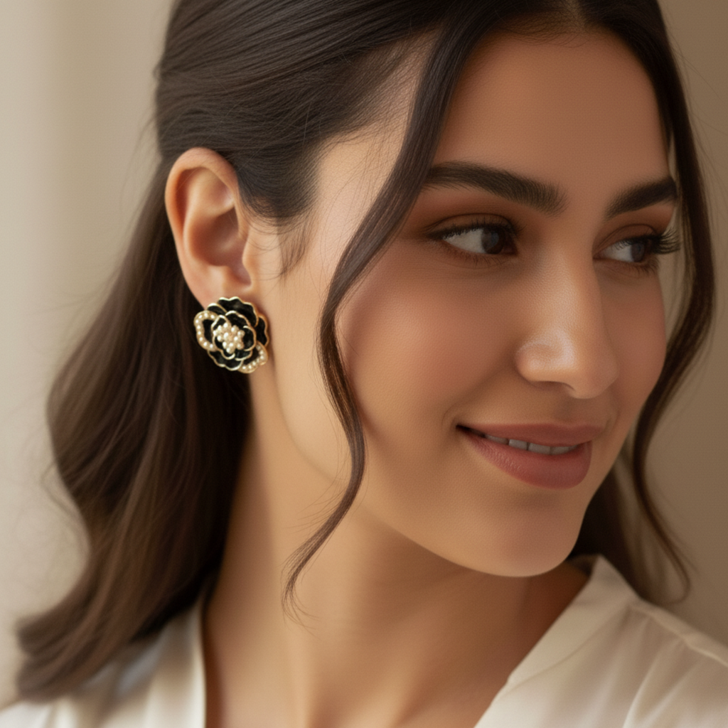 Midnight Pearl Bloom Black Floral Earrings