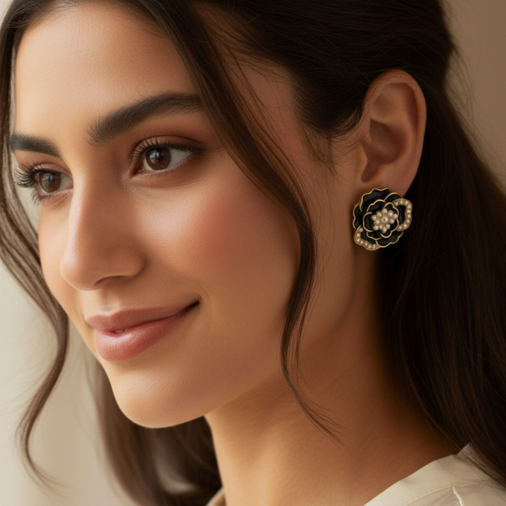 Midnight Pearl Bloom Black Floral Earrings