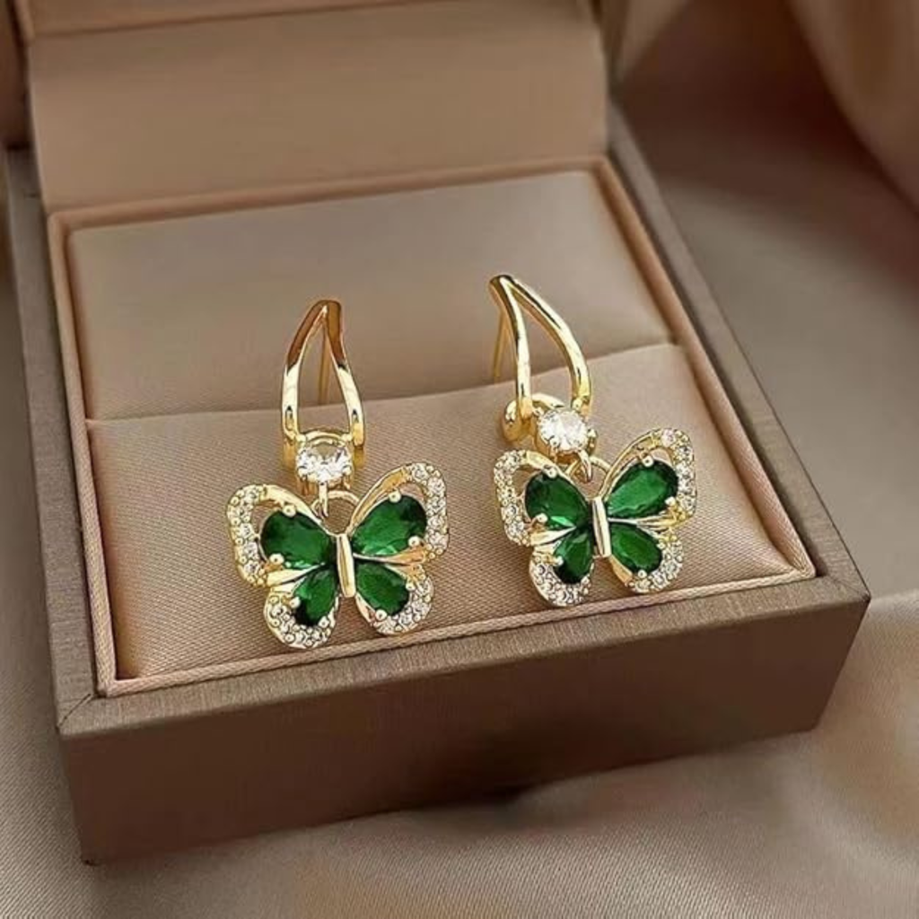 Emerald Butterfly Glam Gold-Plated Earrings