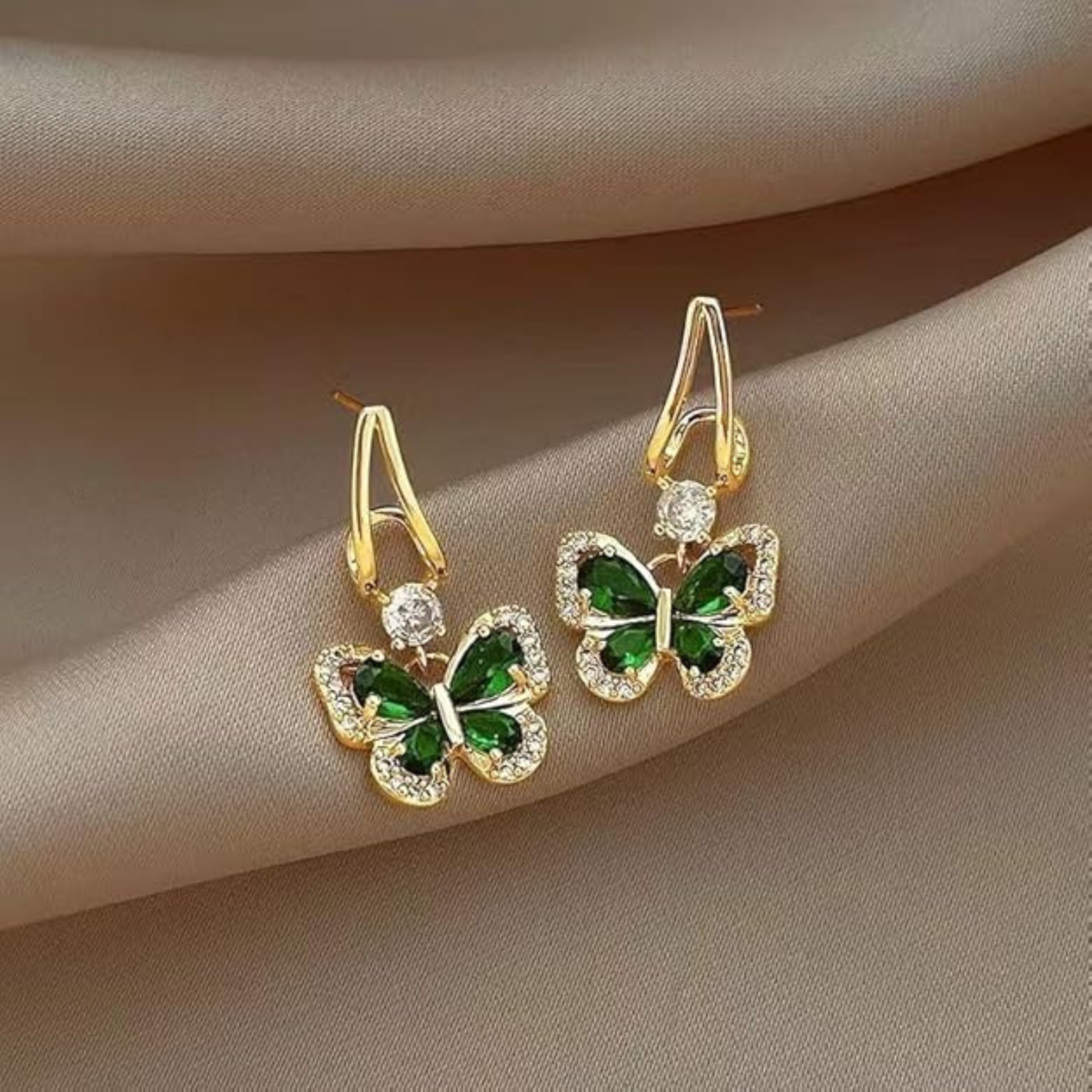 Emerald Butterfly Glam Gold-Plated Earrings