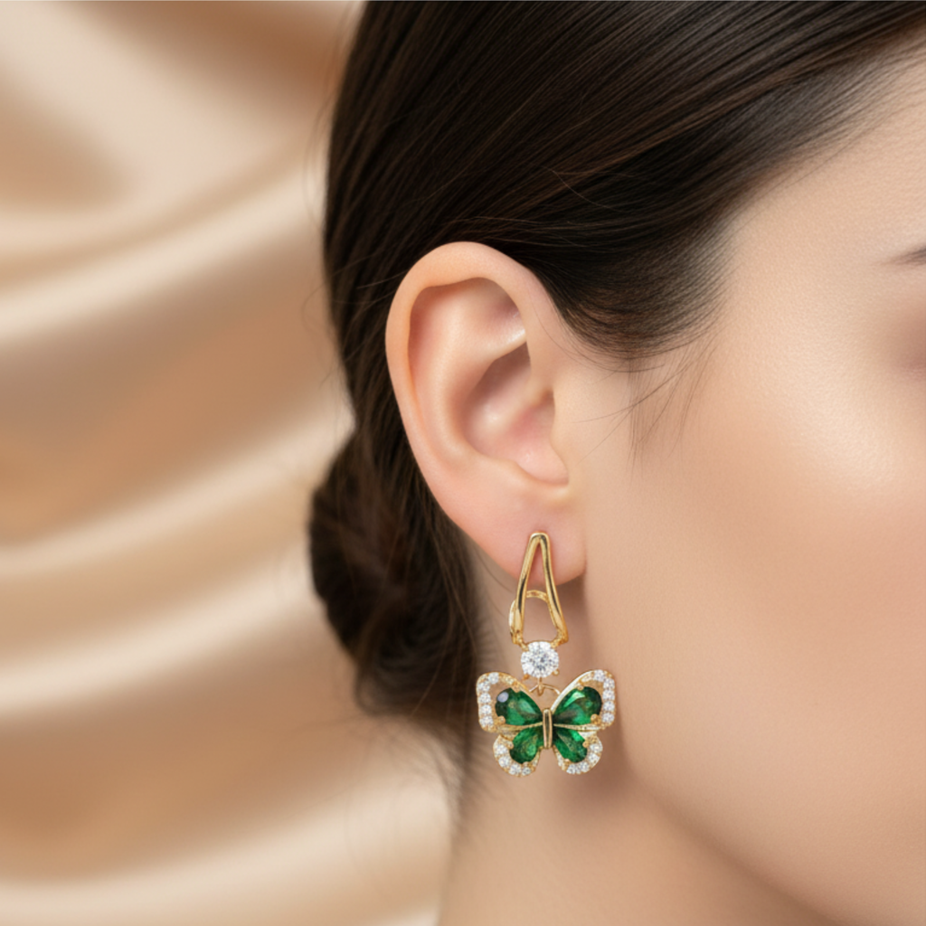 Emerald Butterfly Glam Gold-Plated Earrings