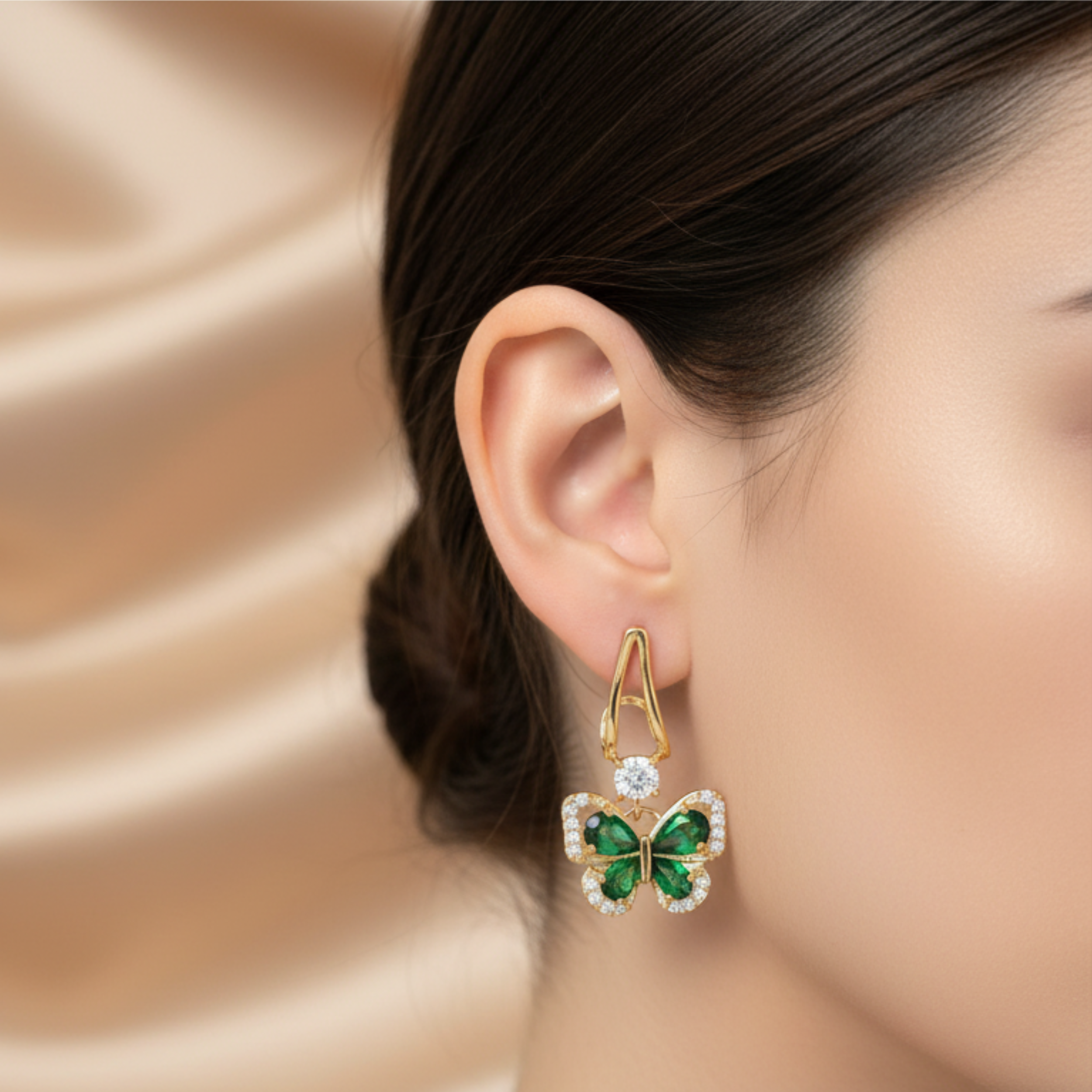 Emerald Butterfly Glam Gold-Plated Earrings