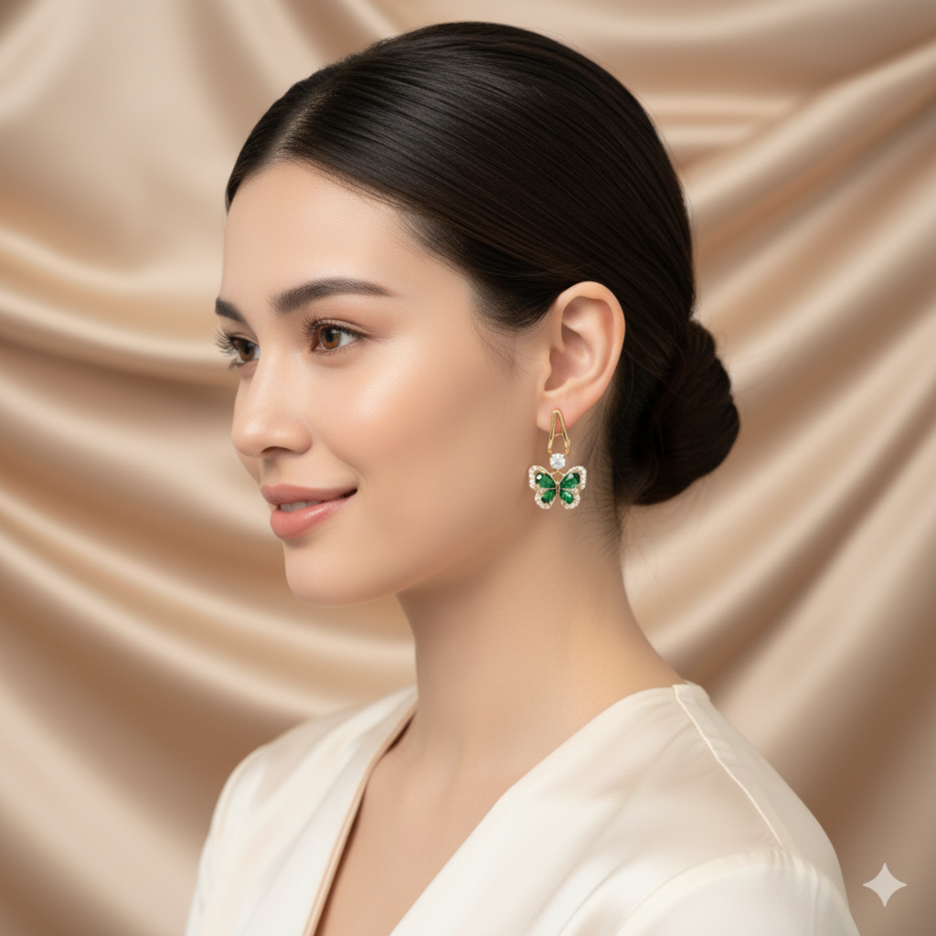 Emerald Butterfly Glam Gold-Plated Earrings