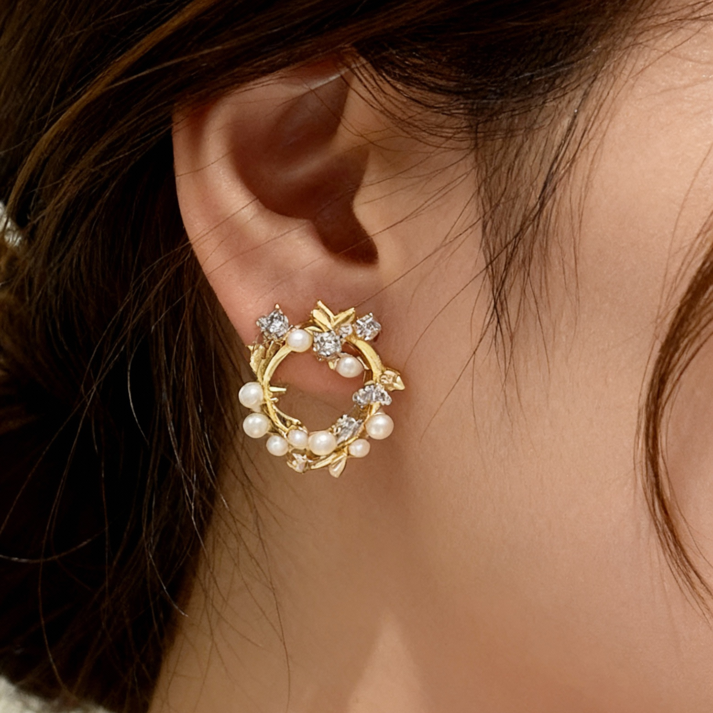 Golden Petal Pearl Wreath Earrings