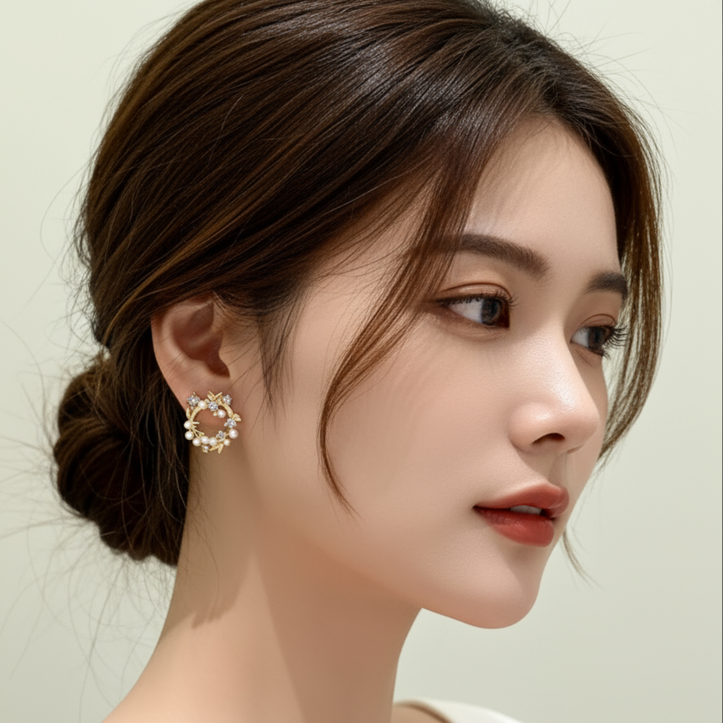 Golden Petal Pearl Wreath Earrings